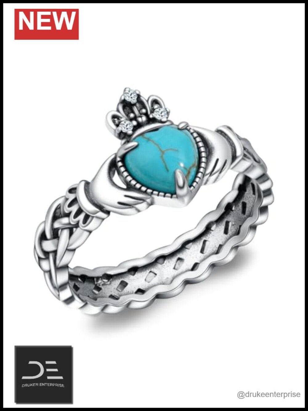 Sterling Silver Turquoise Claddagh Ring Heart Statement Vintage Western Jewelry